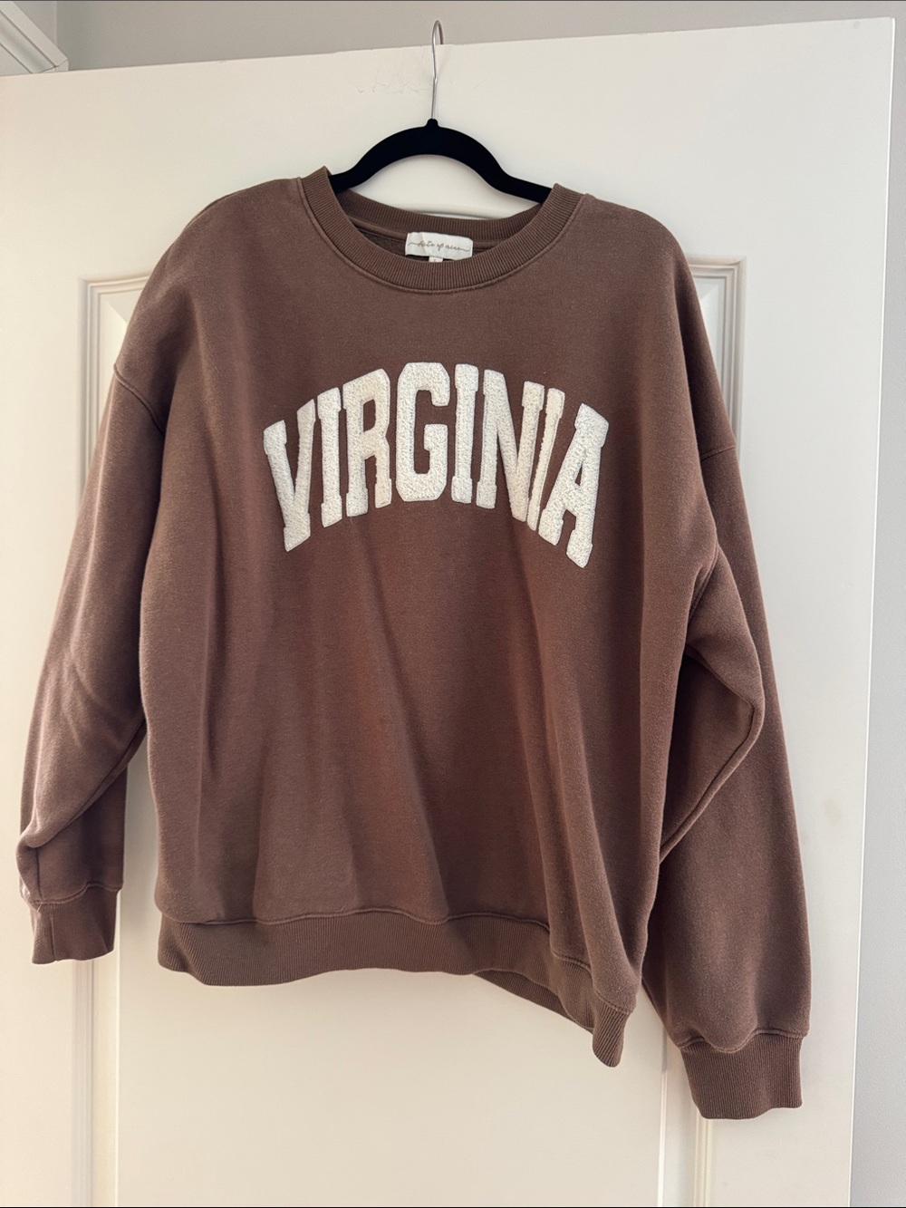 State of Mind Women's Brown Crewneck Sweater with White 'VIRGINIA' Applique